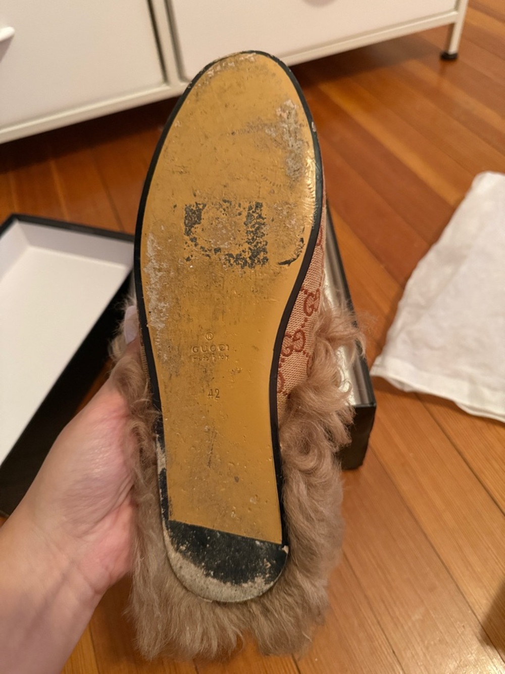 Gucci Beige Monogram Fur-Lined Princetown Mule with Gold Horsebit - Picture 2 of 3